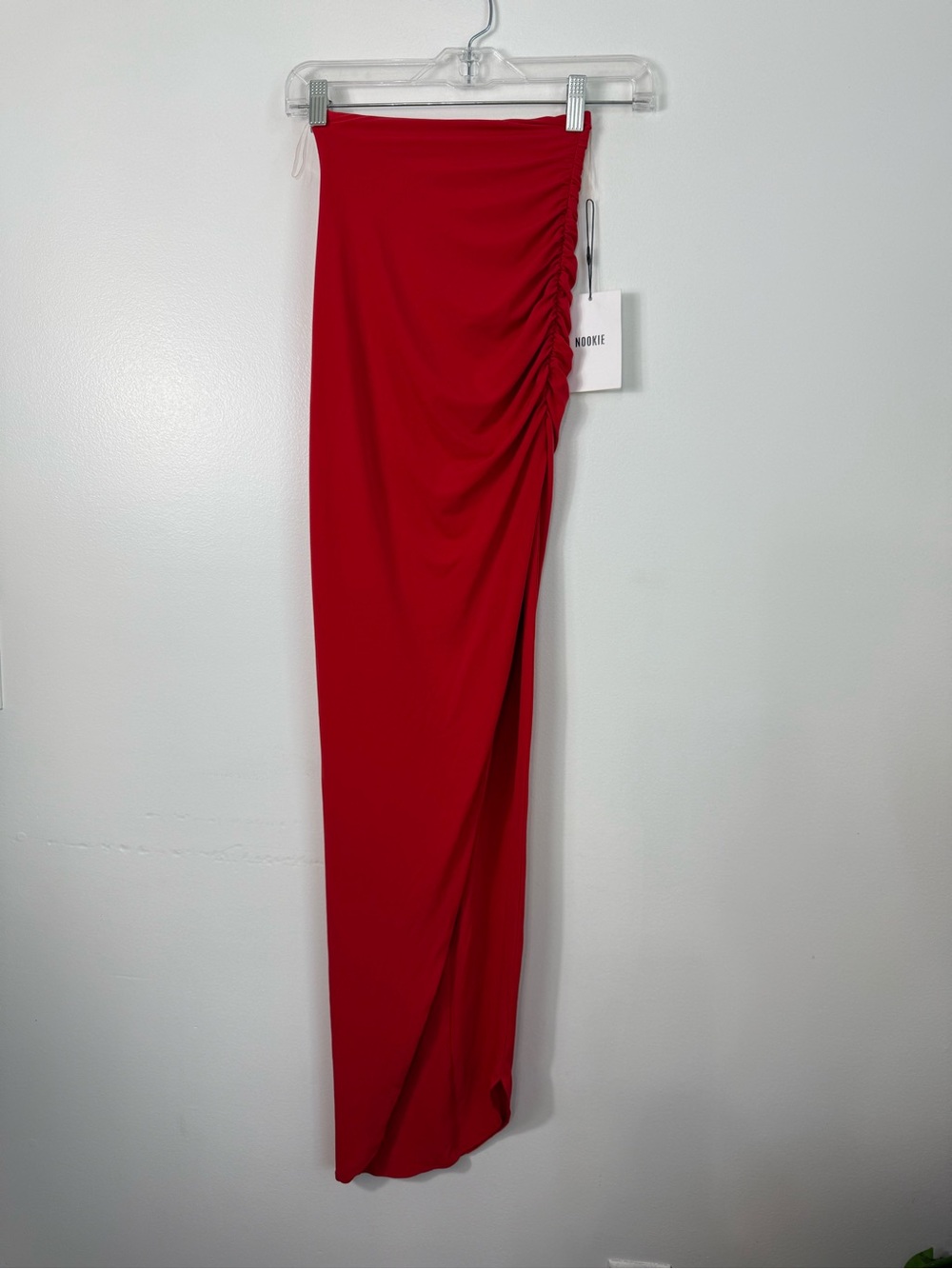 Nookie Red Asymmetrical Ruched Maxi Skirt